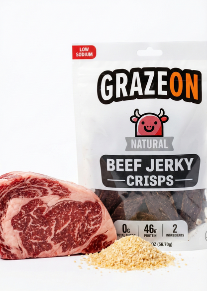 GrazeOn Natural Beef Jerky Crisps- High Protein, No Sugar, Crunchy Air-Dried Meat Snack, All-Natural - 2.0 oz